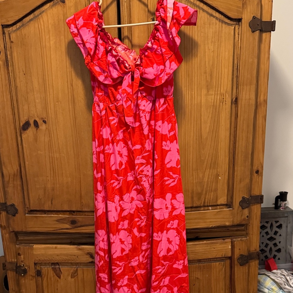 Red and Pink Floral Maxi Dress